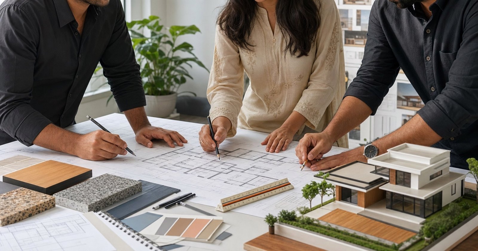 Architects and homeowners reviewing residential plans
